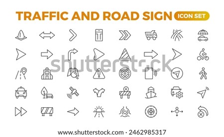 Road and traffic line icons collection. Street, transport, fuel, vehicle, location, car service icons. UI icon set. Thin outline pack. Way direction arrow sign. Roadsigns. Outline icon collection.