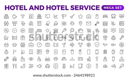 Hotel icons set. Rental property  icons. Set of apartment reservation, hotel booking, five-star hotel, service line vector web icon.Hotel universal set with Building, Parking,  Meal, Air conditioner.