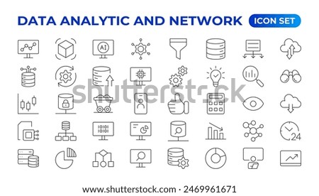 Big data analysis thin line icon set. Data processing outline pictograms for website and mobile app GUI. Digital analytics simple UI, UX vector icons