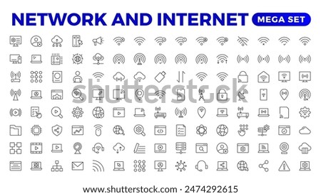 Set of Network and Internet outline icons. linear icon collection for online, computer, network, website, server, web design, hardware, software, and programming. Solid icons illustration collection.