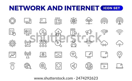 Set of Network and Internet outline icons. linear icon collection for online, computer, network, website, server, web design, hardware, software, and programming. Solid icons illustration collection.