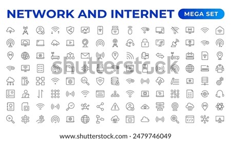 Set of Network and Internet outline icons. linear icon collection for online, computer, network, website, server, web design, hardware, software, and programming. Solid icons illustration collection.