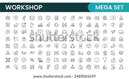 Set of Workshop and Coaching line icons. Outline icon collection related to training, coaching, mentoring, education, meetings, conferences, and teamwork.