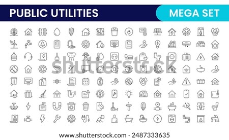 Public utilities linear signed icon collection. Signed thin line icons collection. Set of public utilities simple outline icons.