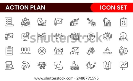 Line icons about action plan. Contains such icons as search strategy, target, scheme, timeline and workflow.Action plan set of web icons in line style. Strategy action planning icons.