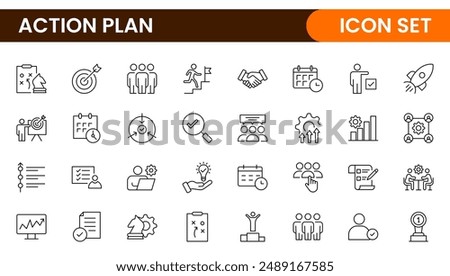 Line icons about action plan. Contains such icons as search strategy, target, scheme, timeline and workflow.Action plan set of web icons in line style. Strategy action planning icons.