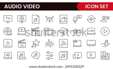 Audio Video Icons Pack. Thin line icons set. Flat icon collection set. Simple outline icons.