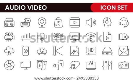 Audio Video Icons Pack. Thin line icons set. Flat icon collection set. Simple outline icons.