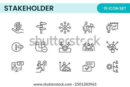 Stakeholder outline icons set. Business, teamwork, trade unions, suppliers, government, customers, creditors, community, investors and partners.