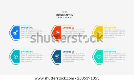 Business  infographics design for Six Step, option, parts or process. Infographic 6 element design template for presentation.  process diagram, step banner, flow chart, 6 option template.