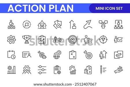 Line icons about action plan. Contains such icons as search strategy, target, scheme, timeline and workflow.Action plan set of web icons in line style. Strategy action planning icons.