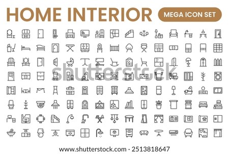 Elegant Interior and Home Decor Icons: A Stylish Set for Designing, Decorating, Renovating, and Enhancing Home Interiors with Visual Appeal