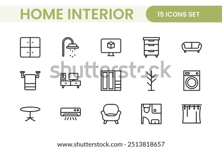 Elegant Interior and Home Decor Icons: A Stylish Set for Designing, Decorating, Renovating, and Enhancing Home Interiors with Visual Appeal