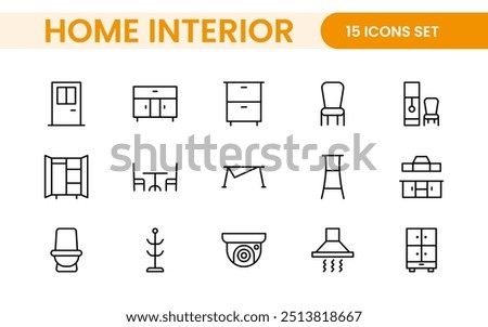 Elegant Interior and Home Decor Icons: A Stylish Set for Designing, Decorating, Renovating, and Enhancing Home Interiors with Visual Appeal