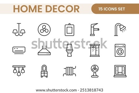 Elegant Interior and Home Decor Icons: A Stylish Set for Designing, Decorating, Renovating, and Enhancing Home Interiors with Visual Appeal