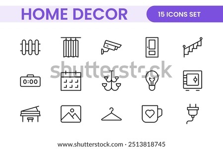 Elegant Interior and Home Decor Icons: A Stylish Set for Designing, Decorating, Renovating, and Enhancing Home Interiors with Visual Appeal