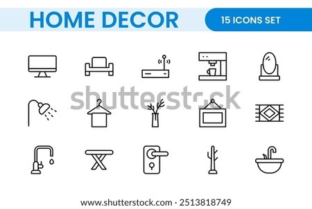 Elegant Interior and Home Decor Icons: A Stylish Set for Designing, Decorating, Renovating, and Enhancing Home Interiors with Visual Appeal