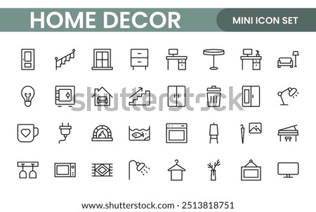 Elegant Interior and Home Decor Icons: A Stylish Set for Designing, Decorating, Renovating, and Enhancing Home Interiors with Visual Appeal