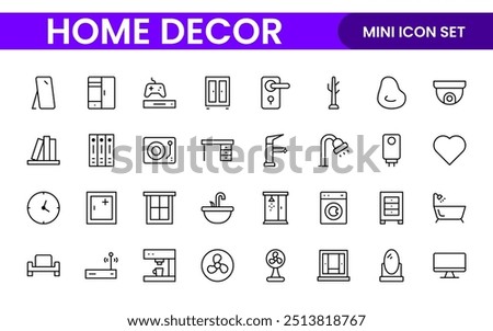 Elegant Interior and Home Decor Icons: A Stylish Set for Designing, Decorating, Renovating, and Enhancing Home Interiors with Visual Appeal