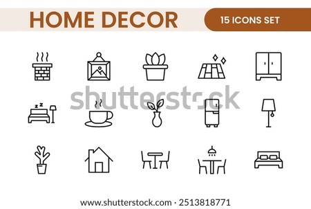 Elegant Interior and Home Decor Icons: A Stylish Set for Designing, Decorating, Renovating, and Enhancing Home Interiors with Visual Appeal