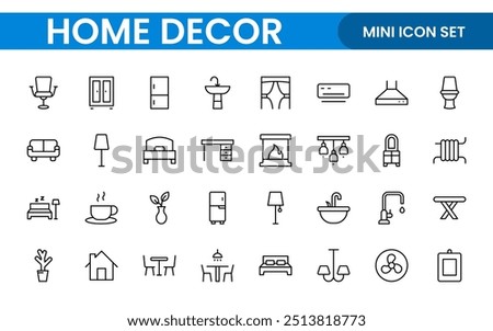 Elegant Interior and Home Decor Icons: A Stylish Set for Designing, Decorating, Renovating, and Enhancing Home Interiors with Visual Appeal