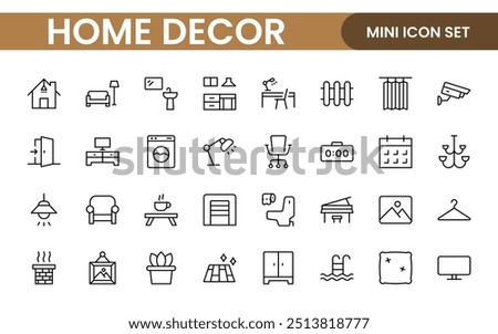 Elegant Interior and Home Decor Icons: A Stylish Set for Designing, Decorating, Renovating, and Enhancing Home Interiors with Visual Appeal