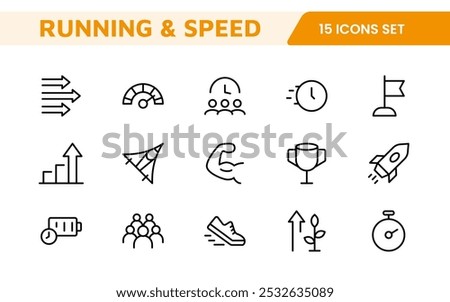 Running and Speed Icon Set. Dynamic icons capture the essence of motion, sprinting, and velocity for fitness apps, sports branding, and training materials.