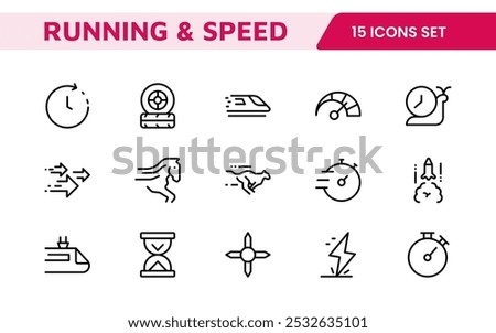 Running and Speed Icon Set. Dynamic icons capture the essence of motion, sprinting, and velocity for fitness apps, sports branding, and training materials.