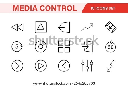 Media Control Icon Set. Sleek and intuitive audio and video playback icons are perfect for enhancing user interfaces in media apps, streaming services, and entertainment platforms.