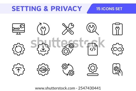 Settings and Maintenance Icon Set. Sleek and functional icons for user interfaces, perfect for enhancing apps and websites with intuitive navigation for settings, updates, and maintenance.