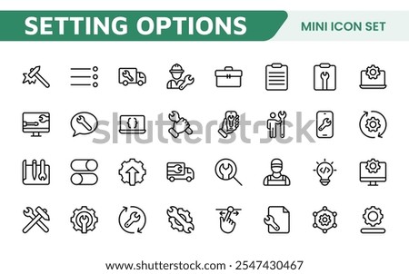 Settings and Maintenance Icon Set. Sleek and functional icons for user interfaces, perfect for enhancing apps and websites with intuitive navigation for settings, updates, and maintenance.