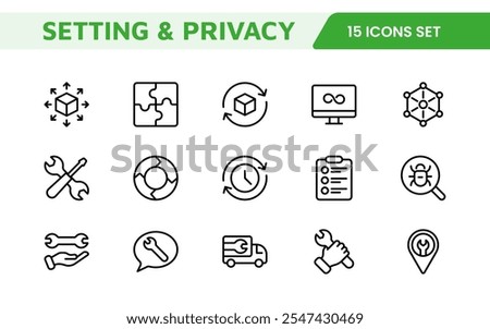 Settings and Maintenance Icon Set. Sleek and functional icons for user interfaces, perfect for enhancing apps and websites with intuitive navigation for settings, updates, and maintenance.