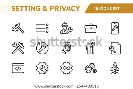 Settings and Maintenance Icon Set. Sleek and functional icons for user interfaces, perfect for enhancing apps and websites with intuitive navigation for settings, updates, and maintenance.