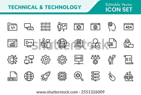 Technology and Development Icon Set. Modern and innovative icons tailored for tech apps and projects, perfect for showcasing development tools, software solutions, and cutting-edge technologies.