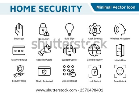 Home Security Icon Set. A comprehensive collection of icons focused on safety and protection, perfect for enhancing security apps, websites, and marketing materials aimed at home safety solutions.