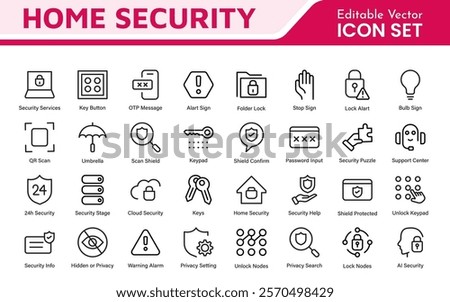 Home Security Icon Set. A comprehensive collection of icons focused on safety and protection, perfect for enhancing security apps, websites, and marketing materials aimed at home safety solutions.