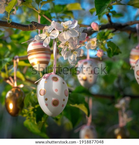 Decor eggs on flowering apple branches on a tree in a garden or park. Pink and gold ornament from stripes and spots. Blurred background in bokeh Foto stock © 