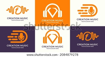 set of logo combination of frequency music pulse gem headphone letter f fast podcast