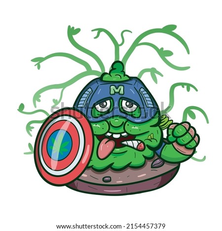 Cartoon Mascot Of Green Weed Bud With Shield. Suitable for Brand, Label, Logo, Sticker, t-shirt Design, Wallpaper, and other Product. Vector And Illustration