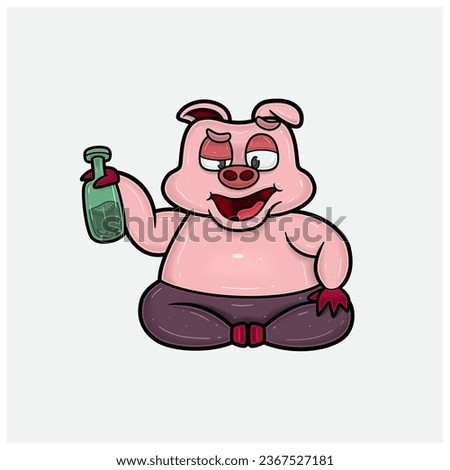 Pig Character Cartoon With Sitting, So High and Holding Bottle. Vectors and Illustrations.