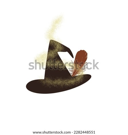 Witch's black hat with red feathers and gold spell