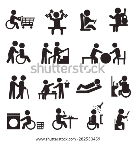 Rehabilitation Activities In Patient With Disability Icon Set Stock ...