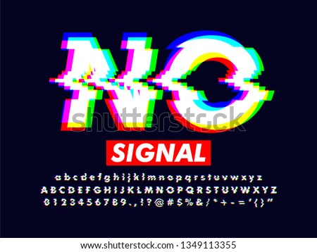 modern distorted glitch screen effect, no signal font style with rgb color, led screen error glitch effect, full alphabet set collection