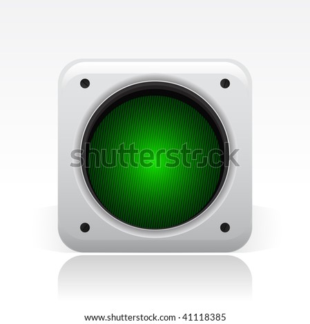 Vector illustration of a gray icon isolated in a modern style with a reflection effect depicting a green traffic light
