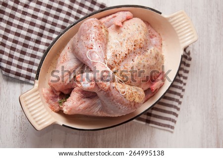 for roasting chicken, marinade for chicken, spices for meat, cook in the oven, homemade food, stuffed chicken with greens and lemon.
