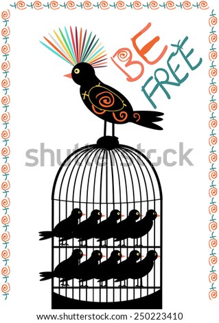 Colorful bird free of cage full of alike birds locked inside - illustrating freedom. Vector