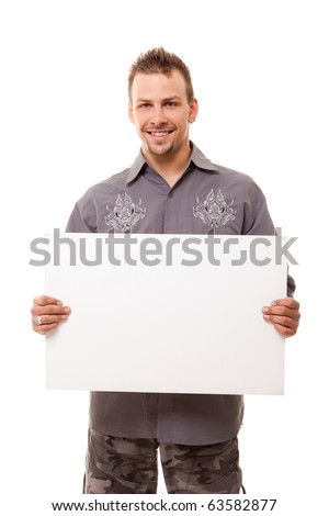 smiling young handsome man with white clear board on white background
