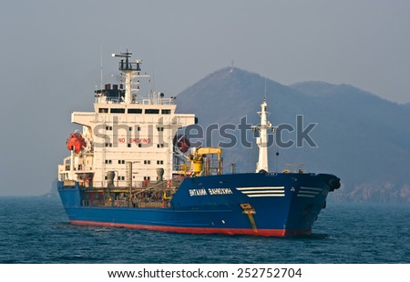 Tanker Vitaliy Vanukhin anchored in the roads. Nakhodka Bay. East (Japan) Sea. 19.04.2014