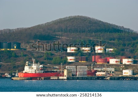 Tanker FPMC 20 bunkering on oil terminal company Rosneft. Nakhodka Bay. East (Japan) Sea. 04.05.2014