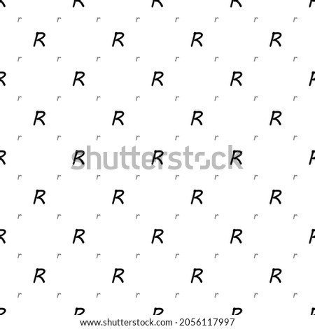 Square seamless background pattern from Font R shapes are different sizes and opacity. The pattern is evenly filled with small font r. Vector illustration on white background